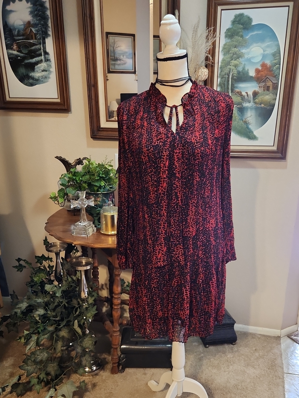 DKNY Red and Black Printed Long-Sleeve Keyhole Dress